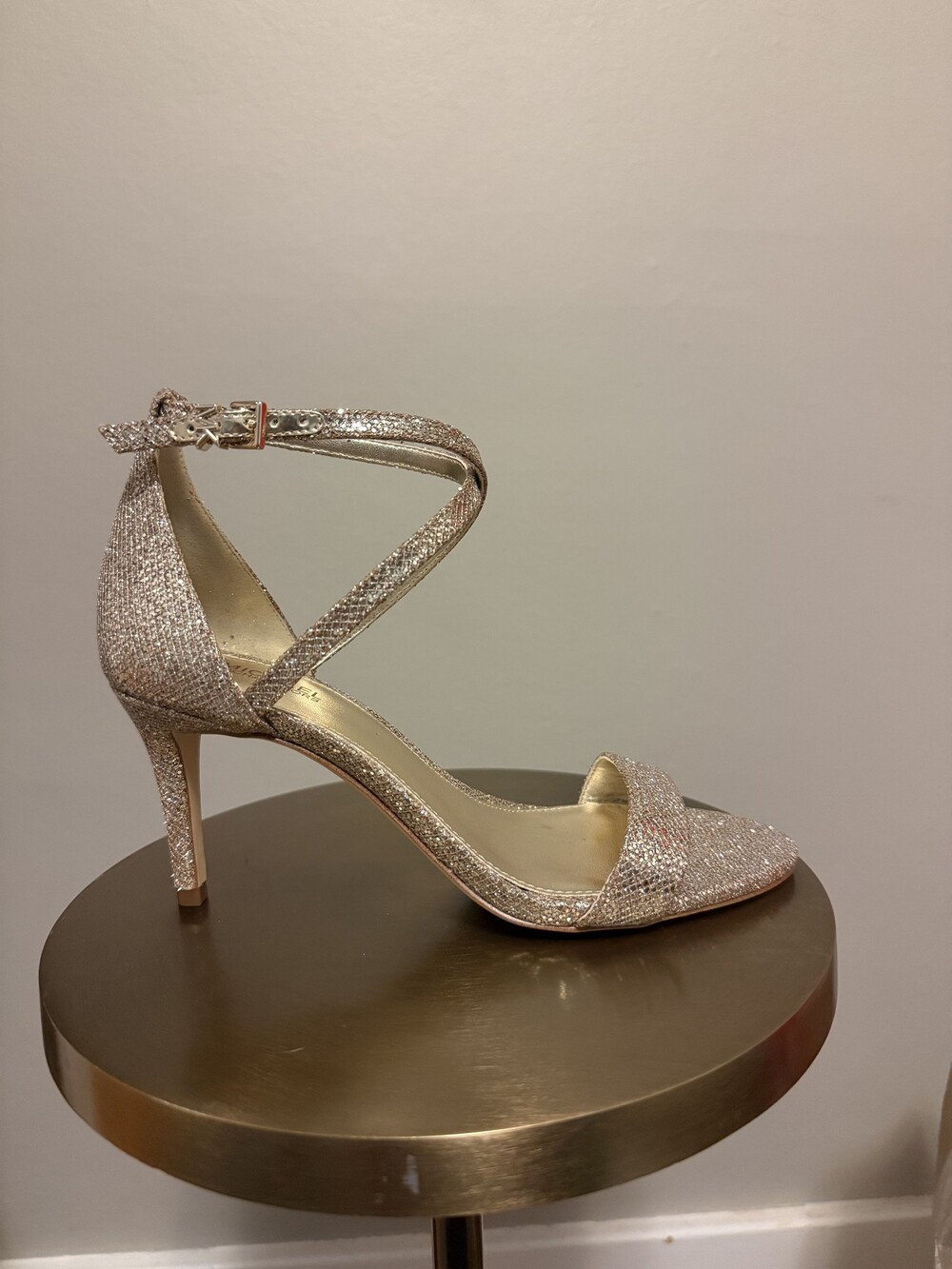 Michael Kors Ava Sand Glitter Mesh Ankle Strap Heels Sandals Size 7 NIB